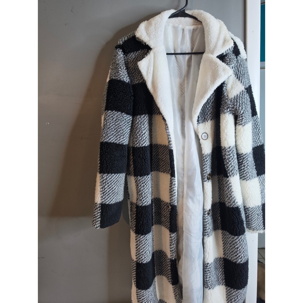 Shein Black White Buffalo Plaid Teddy Coat Longline Faux Fur Jacket XS